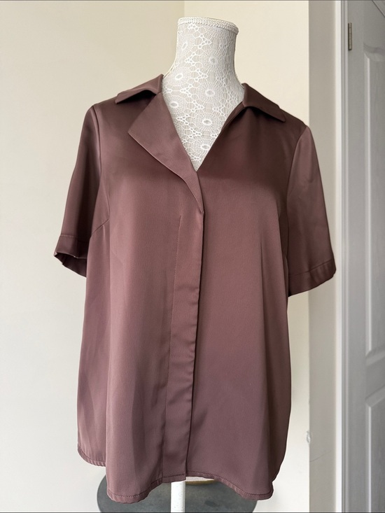 Tops - Satin Short Sleeve Button-Front Blouse in Mauve Brown